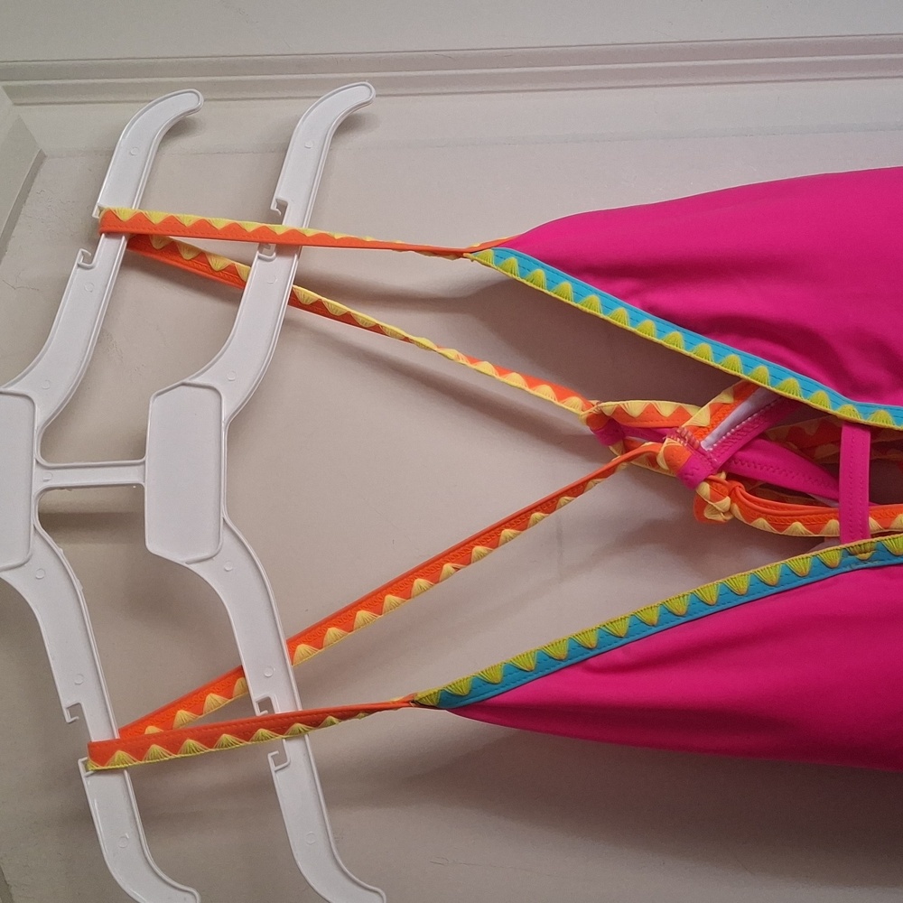 Nwt Popvil One Piece Swimsuit Women XXL Tie Strappy Back Tummy Control Neon Pimj - Picture 3 of 10